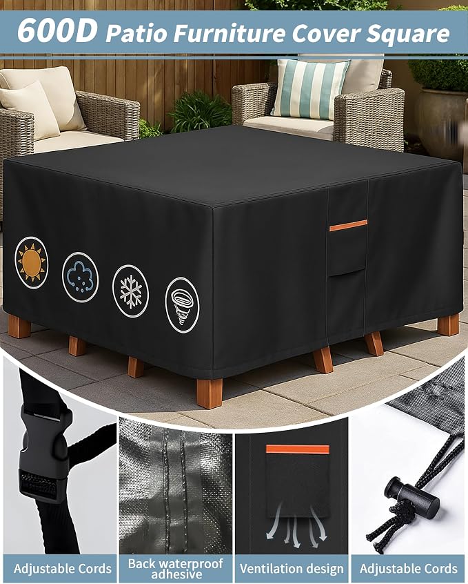 Outdoor Waterproof Furniture Cover, 106W x 106L x 28H inches Heavy Duty 600D - Image 5