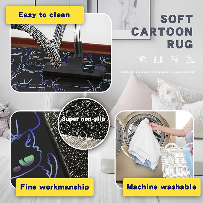 Black Play Cat Rug for Playroom for Boys Girls 2x3 Funny Cute Cat Cartoon Decor - Image 5