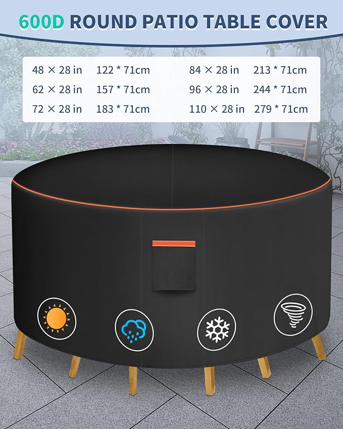 Round Patio Furniture Cover, 96 Inch Diameter Waterproof 600D Heavy Duty Table - Image 3