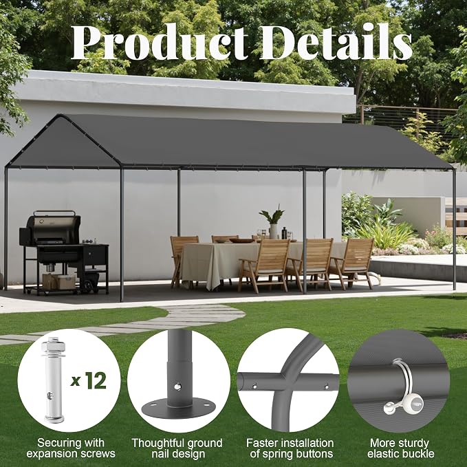 GOJOOASIS 10x20 Carport Heavy Duty Portable Garage Shelter Metal Car Canopy Tent - Image 2
