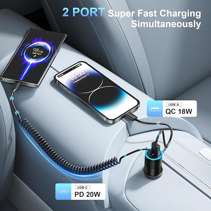 3-Pack USB C Car Charger, 38W Fast Charging Car Phone Charger+3.5FT Type C - Image 3