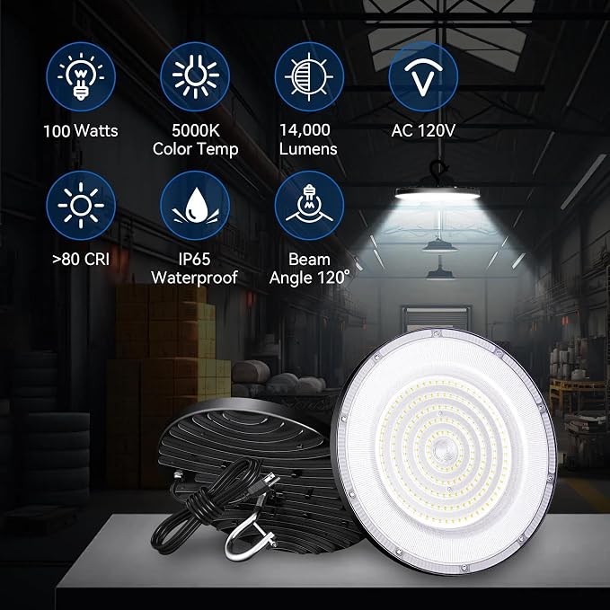 Led High Bay Light 100W, 14000lm 5000K UFO Bay Lighting - Image 2