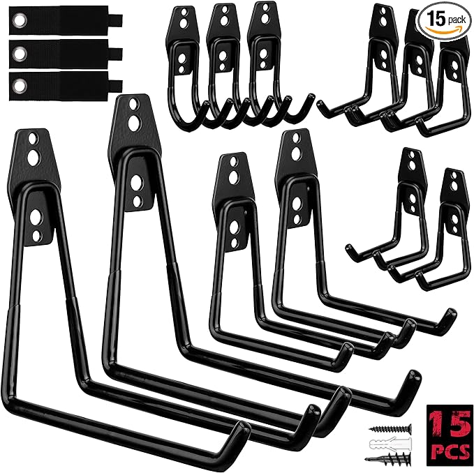 Garage Tool Storage Wall Hook Assortment Set: 15PCS Heavy Duty Large Hanger by SEDY