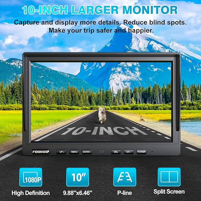 Fookoo 1080P 10" Wireless Backup Camera System, IP69 Waterproof Rear/Front View - Image 2