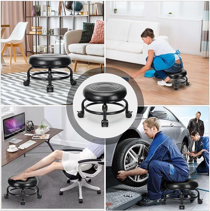 Low Height Rolling Stool Low Roller Stool PU Leather Comfortable Chair - Image 6