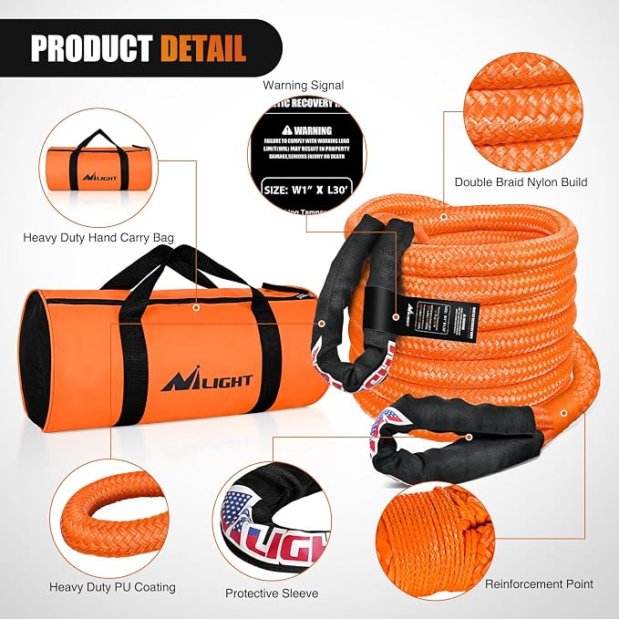 Nilight Kinetic Recovery Rope 33000 LBS 1" x 30ft Snatch Strap Heavy Duty - Image 3