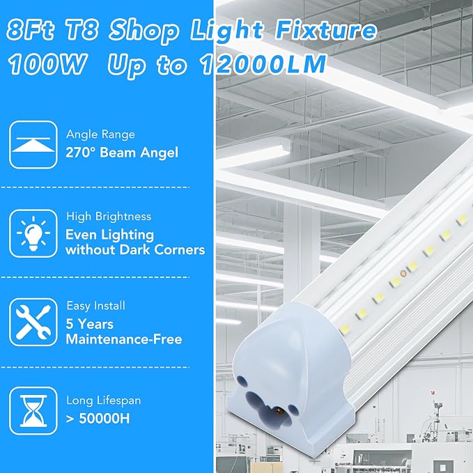 10 Pack 8FT T8 LED Shop Lights, 100W Integrated Tube Light, 19200LM 6000-6500K - Image 2
