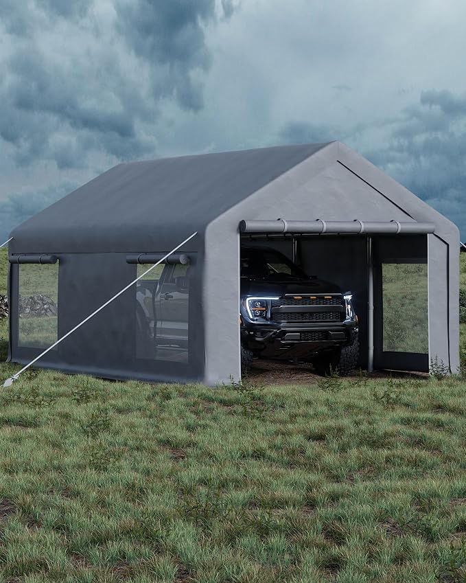 13x20 Ft Carport with 8 Sandbags, Car Port with 220g PE Tarp, 2 Roll-Up Doors by GarveeLife