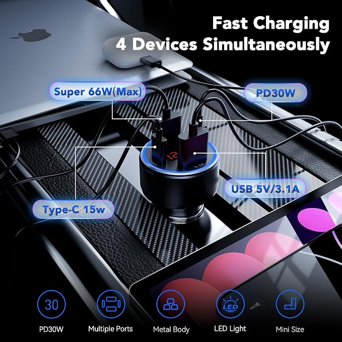 USB C Car Charger Fast Charging USB C Cable, 78W 4 Port iPhone 16 15 Car - Image 2