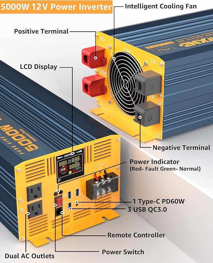 5000 Watt Power Inverter Pure Sine Wave 12V DC to 110V 120V 10000W Peak Heavy - Image 2