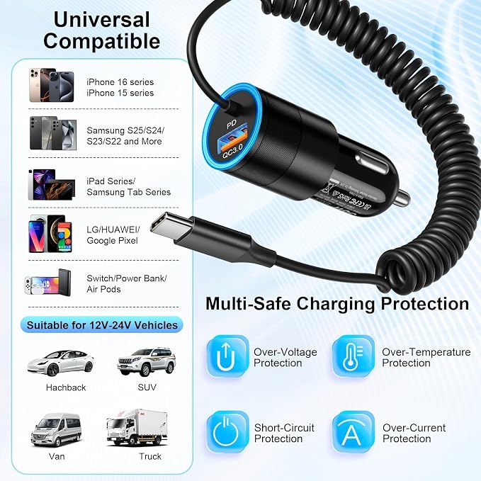 3-Pack USB C Car Charger, 38W Fast Charging Car Phone Charger+3.5FT Type C - Image 5