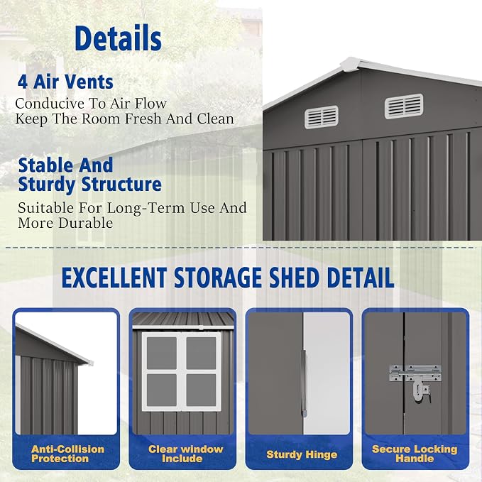 10 x 8 FT Large Outdoor Storage Shed w/Lockable Door, Heavy Duty Metal Garden - Image 4