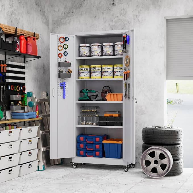 Garage Storage Cabinet with with Pegboard and Wheels, Tool Storage, Home Office - Image 6