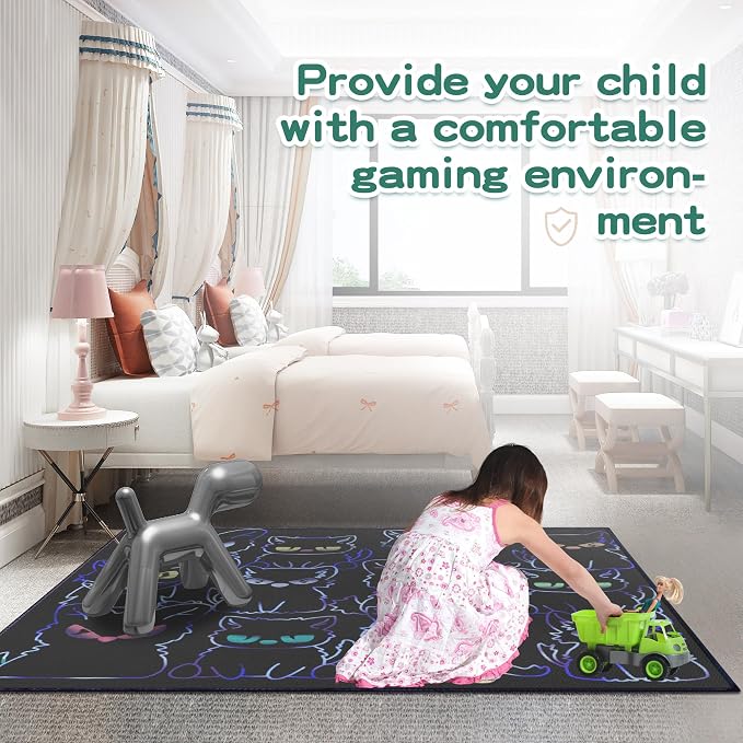 Black Play Cat Rug for Playroom for Boys Girls 3x4 Funny Cute Cat Cartoon Decor - Image 3