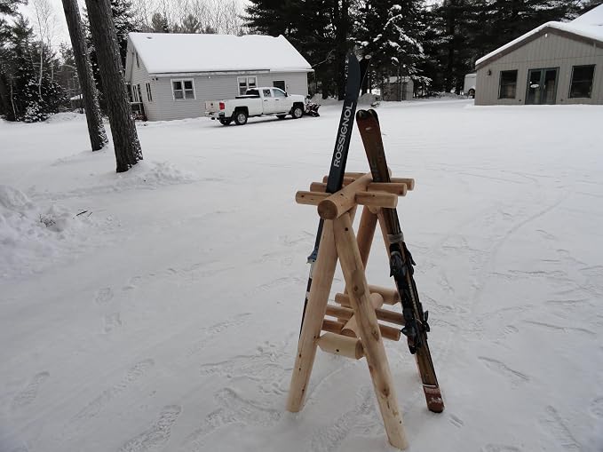 9-Place Freestanding Log Ski Rack Holder, Indoor & Outdoor Snowboard Racks - Image 4