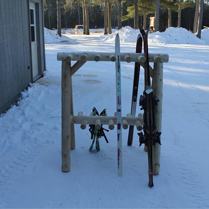 13-Place Freestanding Log Ski Rack Holder, Indoor & Outdoor Snowboard Racks - Image 4