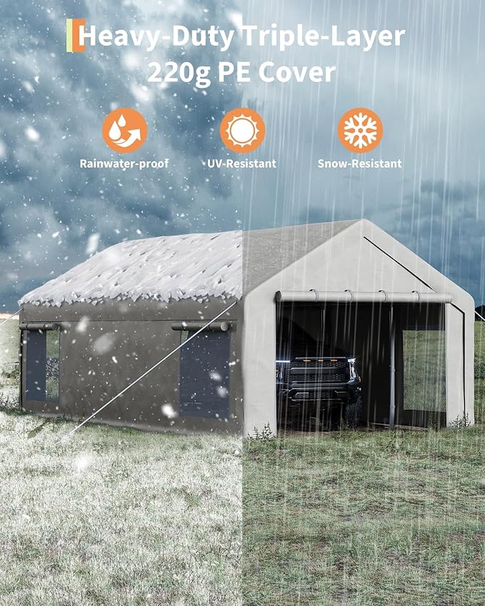 13x25 Ft Carport with 10 Sandbags, Car Port with 220g PE Tarp, 2 Roll-Up Doors - Image 5
