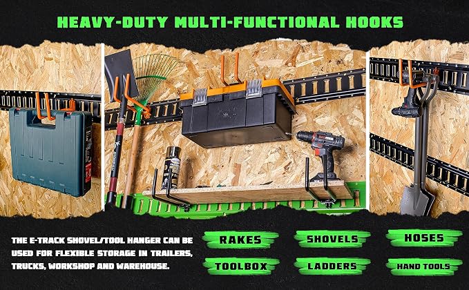 8-Pack Heavy Duty E-Track Shovel/Tool Hanger, Warehouse - Image 7