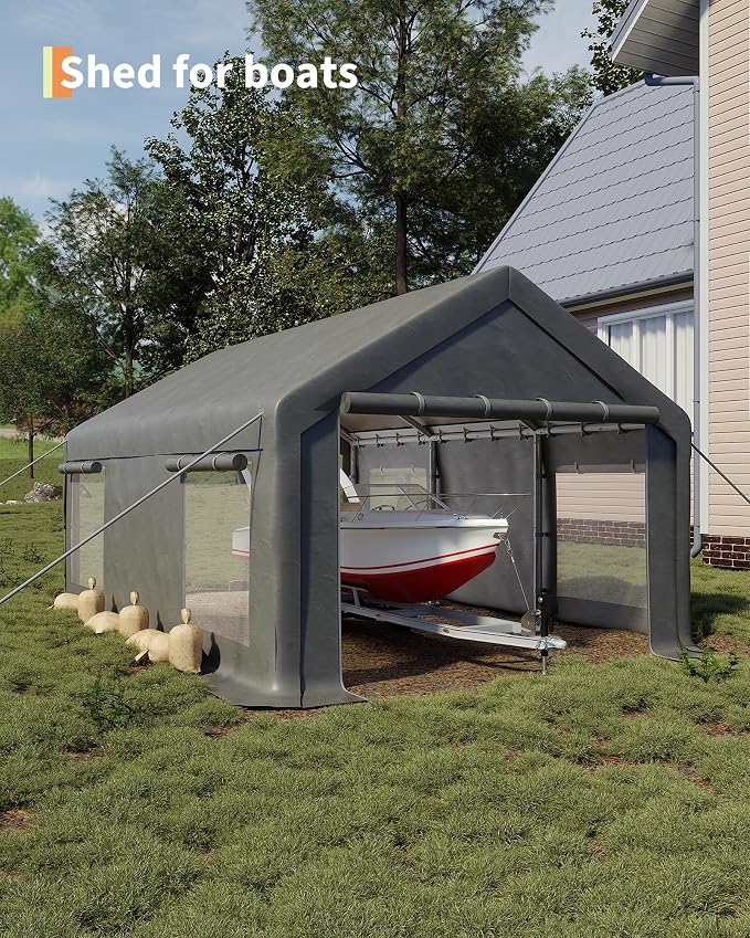 13x20 Ft Carport with 8 Sandbags, Car Port with 220g PE Tarp, 2 Roll-Up Doors - Image 5