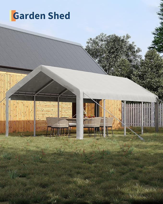 13x25 Ft Carport with 10 Sandbags, Car Port with 220g PE Tarp, 2 Roll-Up Doors - Image 4