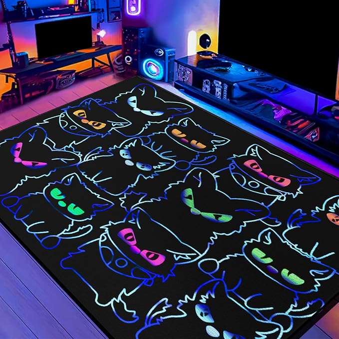 Black Play Cat Rug for Playroom for Boys Girls 3x4 Funny Cute Cat Cartoon Decor by Isyorefam