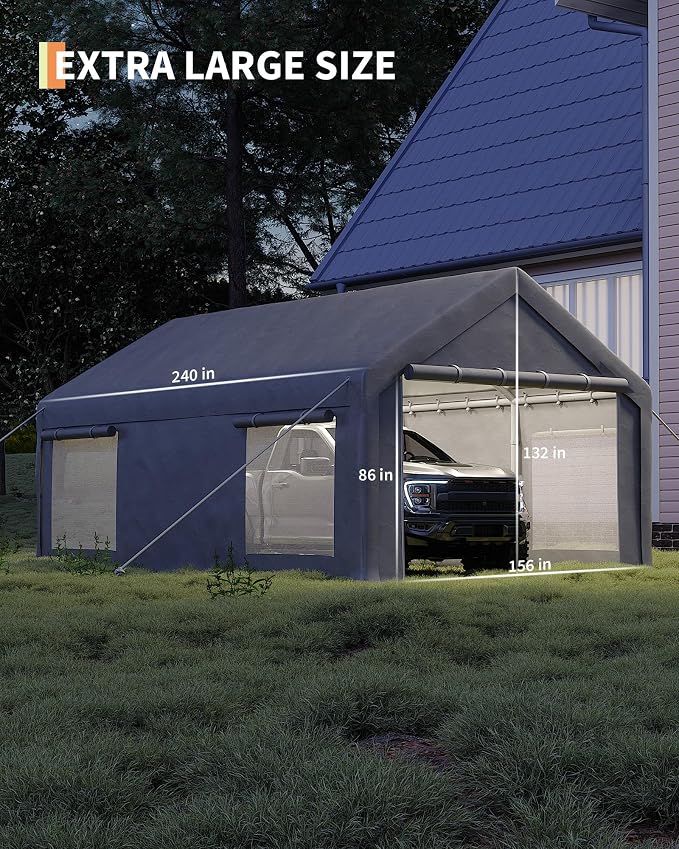 13x20 Ft Carport with 8 Sandbags, Car Port with 220g PE Tarp, 2 Roll-Up Doors - Image 2