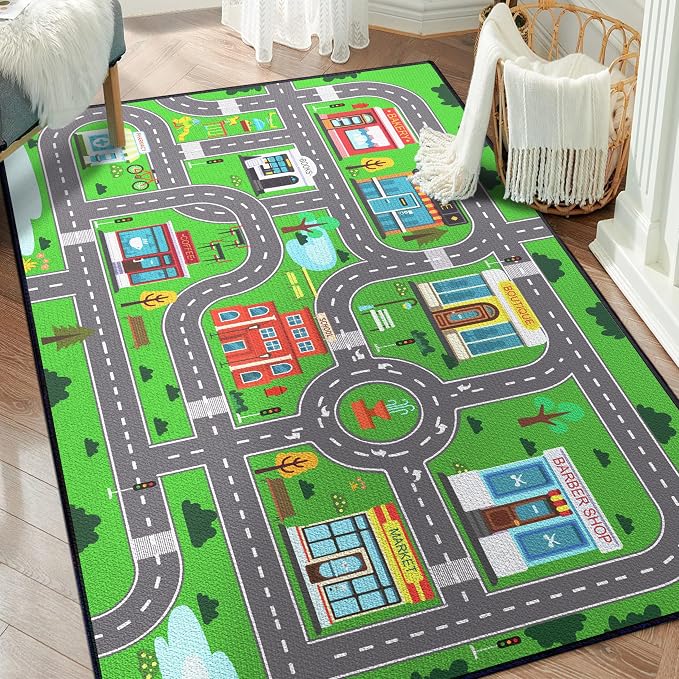 Play Rug for Playroom 59"x39" Car Mat Town City Road Map for Boys Bedroom Fun by Isyorefam